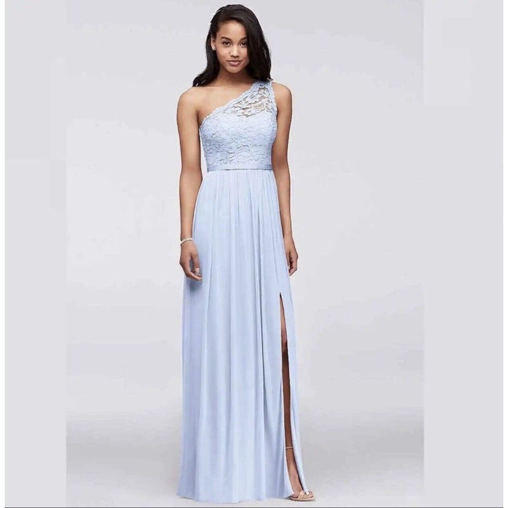 Davids Bridal Prom One Shoulder dress Sz 8 Lace Wedding dusty blue NWT
